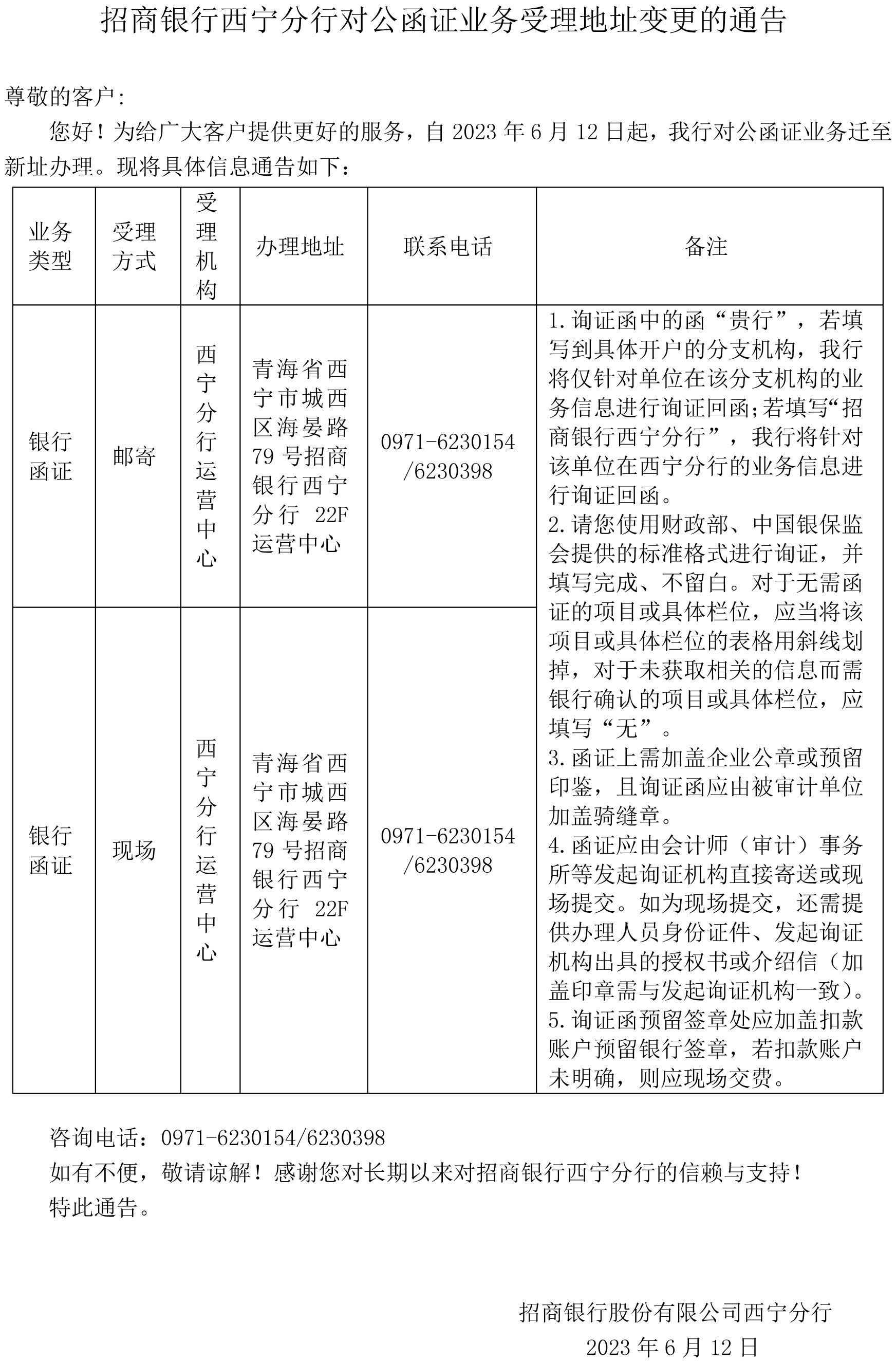 招商银行西宁分行对公函证业务受理地址变更的通告.jpg