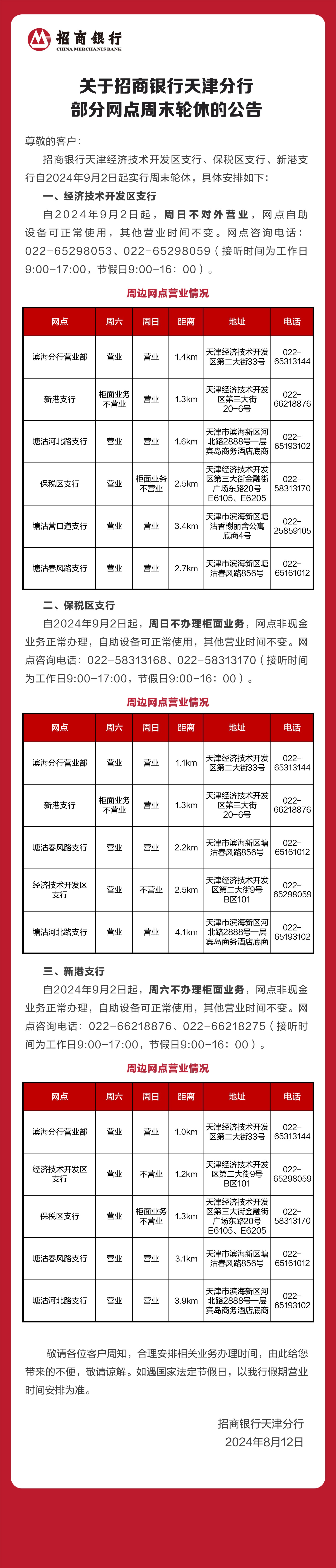 关于招商银行天津分行部分网点周末轮休的公告